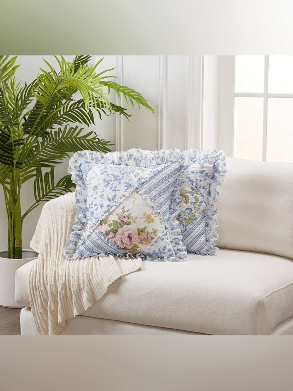 Brilliant Sunshine Blue Rose Patchwork Ruffle Pillowshams - Picture 2 of 8